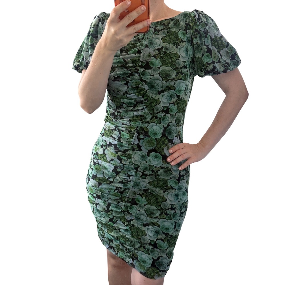 Ganni Green Floral Ruched Mesh Mini Dress Short Puff Sleeve Size 34 US 2 Party